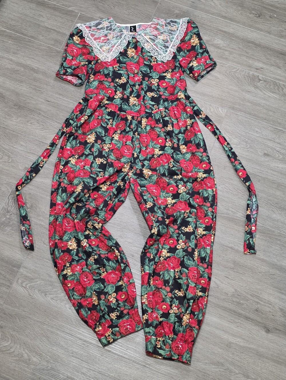 RARE Vintage 80's-90's  Chuckles Floral Jumpsuit Girls Size 12 Festive Lace